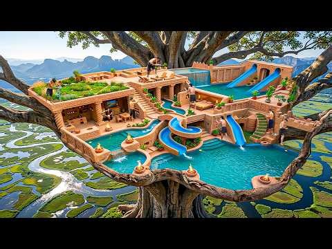 250 Days Building a Giant Treehouse Water Park 50m Above the Ground with Pools Using Primitive Tools