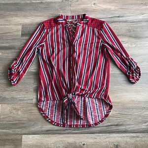 Red & Navy Striped Button Down Tie Front Too XS