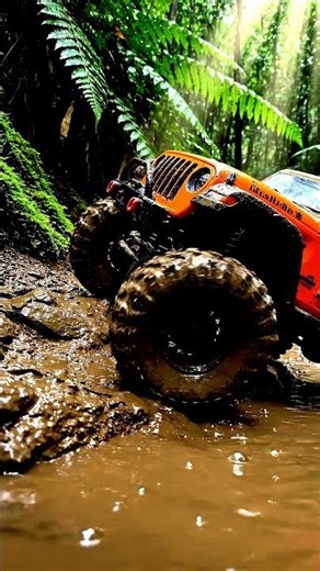 Rc jeep climbing muddy trail