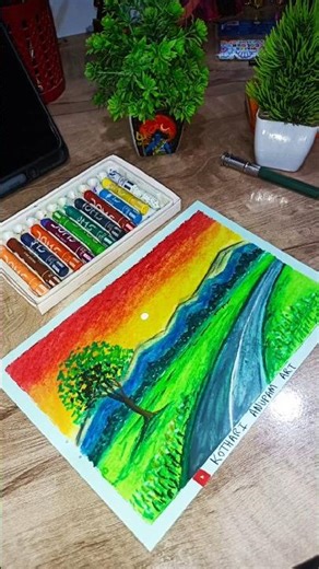 Oil Pastel Nature Drawing for Beginners / SUNSET COUNTRYSIDE / Easy Oil Pastel Scenery Drawing