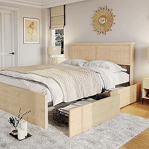 Brafab Natural Rattan Queen Bed Frame with Wooden Headboard and 4 Storage Drawers, Boho Cane Bed Metal Platform Bed with Strong Wooden Slat, Noise Free, No Box Spring Needed