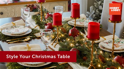 6.8K views · 187 reactions | Gather 'round! Hobby Lobby® is showing you how to set the scene for your Christmas get-togethers. Discover everything you’ll need, from place setting essentials to festive accent pieces, to make a stunning holiday tablescape. https://bit.ly/47ihyOp | Hobby Lobby | Facebook