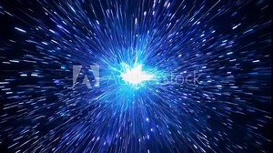 Explosive burst of intense blue energy radiating from a central point. Streaks of light create a sense of high-speed motion and expansion.
