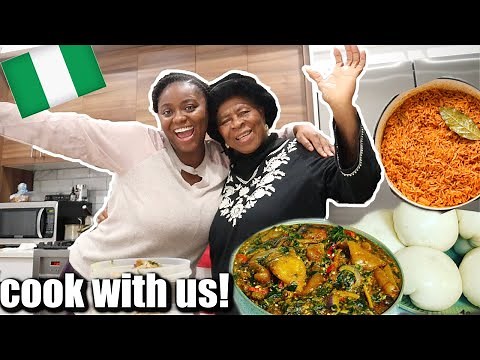 COOKING NIGERIAN FOOD WITH MY GRANDMA! JOLLOF RICE & OKRA SOUP