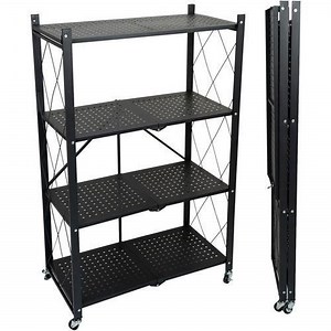 4 Tier Rotating Multifunctional Storage Rack With Wheels, Foldable Storage Shelf With Wheels - Metal Collapsible Shelving Unit Display, Rolling Cart For Books Kitchen Storage Shelves, Pantry & Closet Organizer, Office Room Decor (Black, 4-Shelf)