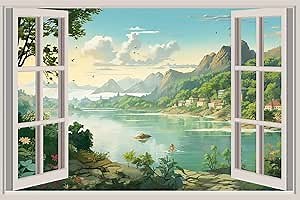 Faux Window Wall Decals Illusion Window Mural Window View Wall Decal Landscape Window Wall Mural for Wall Decor Scenery 3D Window Natural Decor Peel and Stick Wall Sticker-WD32x48-09