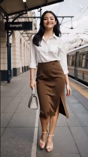 A pretty woman is walking by a train﻿, beauty, fashion, model, beautiful lady