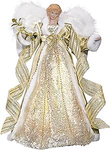 Valery Madelyn Lighted Christmas Tree Topper Angel with Timer, 12 Inch White and Gold Fabric Small Angel Tree Topper with Lights for Christmas Tree Decor Indoor, Battery Operated, Valentines Gift