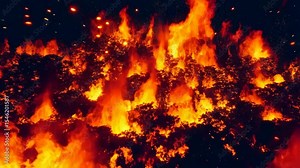 Intense forest fire with roaring flames and flying sparks in nighttime wilderness