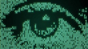 Green halftone digital cyber eye abstract background. Machine learning. Artificial intelligence and futuristic big data technology. Binary coding and spying concept