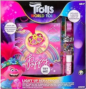 Trolls World Tour Light Up Scrapbook by Horizon Group USA. Includes Over 300 Accessories- Gemstones, Sequins, Punch-Outs, Printed Sheets, Stickers & More.
