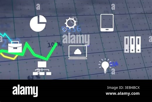 Animation of icons and financial data processing over grid. Global business, finances, computing and data processing concept digitally generated video Stock Video Footage - Alamy