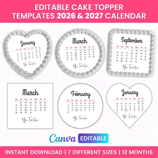 Burn Away Cake Topper Bundle, 2026 2027 Heart Calendar for Cake Circle Square Cake Decorating Template, 12 Month Printable Burnaway Cake - Etsy