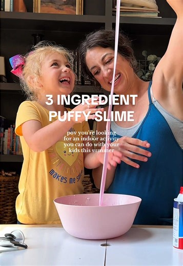 3 ingredient puffy slime!👇🏼 - 1 bottle of @elmersproducts glue (we used the glitter kind but you could use white food coloring) - 1-2 cups of shaving cream - 3 tbsp contact solution (add more if too sticky) Mix together first with a spoon then really good with your hands. Recipe from @iheartnaptime 🙏🏼 We’ve already hit triple digits in Austin, TX so I’ve been hunting down fun indoor activities to do with my 2 and 4 year old. Tag me in your favorites! #toddleractivities #toddlermom #toddlerac