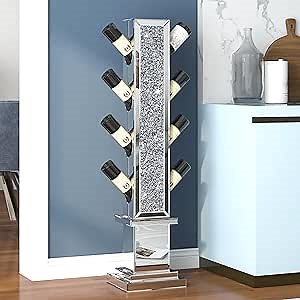 Mirrored Wine Rack Freestanding Floor, Corner Wine Holder Inlay with Sparkling Crushed Diamonds, 8 Bottles Floor Wine Storage for Home Bar Kitchen Dining Living Room