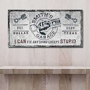 Tailored Canvases Garage Signs Canvas - Personalized Garage Signs Decor For Garage, Workstation, And Man Cave, Garage Wall Art Custom Canvas Printable - I Can Fix Anything Except Stupid, Rustic, 20x10
