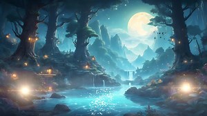 Download A majestic castle perched atop a waterfall, surrounded by lush greenery and mountains under a clear blue sky with two comets streaking overhead. for free