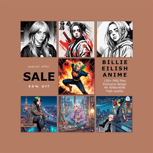 Billie Eilish Anime PNG Bundle: 130  Manga & Comic Style Designs 4K (digital Download) - Etsy