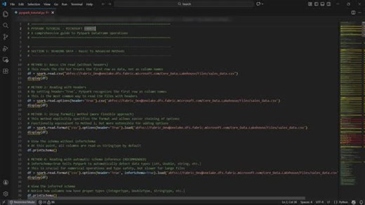 Business Automation BI on Instagram: "🐍 FREE PYSPARK TUTORIAL – MICROSOFT FABRIC NOTEBOOK 📥 businessautomationbi.com 🎓 Online BI training available 🗼 FRANÇAIS Tutoriel PySpark complet avec 13 sections : ✅ Transformations de données, opérations DataFrame, requêtes SQL ✅ Visualisations et création de tables Delta (managées & externes) ✅ Fichiers CSV sources et utilitaires notebook pour gestion de fichiers 🗽 ENGLISH Complete PySpark tutorial with 13 sections: ✅ Data transformations, DataFrame