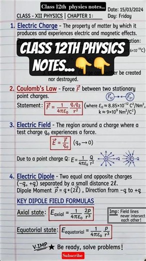 Class 12 Physics Chapter 1 in One Page 🔥| Electric Charges & Fields Notes | JEE & Boards 2026 #viral