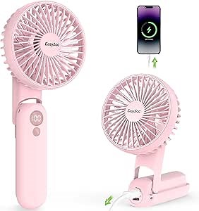 EasyAcc Portable Fan for Travel, 5 Speed Ultra Quiet 3-18H with Backup Power Battery Digital Display Foldable Personal Fan Lanyard Neck Fan Hot Flashes Gift Outdoor Pink