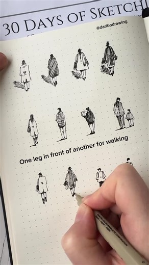 Daria Bogdanova on Instagram: "Tips For Drawing People 💃✍🏻😊 Tip 1: Mark the placement of the figures with four dots. I space the dots evenly to find the appropriate proportions 🕺 Tip 2: Practice the same elements several times to build muscle memory ✍🏻 Tip 3: Once you feel more confident, add character to your figures. You can play with the shape of the silhouette, hair, accessories..🧥👢🧣👜🌂 Tip 4: Add black-white cont