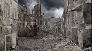 Super realistic walk along the ruined city street after the apocalypse. 3D animation.
