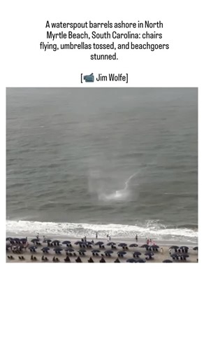 decode.universal on Instagram: "This post by @Rainmaker1973 shares a 26-second video from August 2025, depicting a weak waterspout forming over the Atlantic near North Myrtle Beach, South Carolina, before briefly hitting the shore and scattering beach umbrellas and chairs amid fleeing sunbathers. The footage, credited to Jim Wolfe, captures counterclockwise rotation typical of northern hemisphere vortices, countering claims of fakery; no injuries occurred, but it underscores how such events can