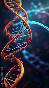 3d render of DNA helix, DNA double helix model animation with blood cells flowing in the background generative AI