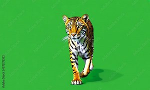 A tiger is walking on a green background. The tiger is the main focus of the image. The green background creates a sense of calm and tranquility, while the tiger's presence adds a sense of energy