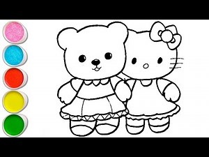 Cute Hello Kitty With Teddy Bear Drawing, Painting and Coloring For Kids and Toddlers_ Easy Drawing