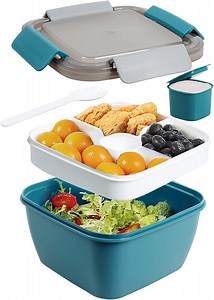 Loobuu 52 oz to Go Salad Container Lunch Container, BPA-Free, 3-Compartment for Salad Toppings and Snacks, Salad Bowl with Dressing Container, Built-in Reusable Spoon, Microwave Safe Navy Blue