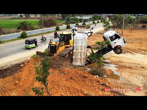 Incredible!! Mix Dump Truck Fly Back Unloading Stuck Deep Heavy Recovery Bulldozer Extreme Helping