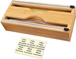 EOICCEOH Foil and Plastic Wrap Organizer,2 in 1 Plastic Wrap Dispenser with Cutter and Labels,Bamboo Storage Organizer for Aluminum Foil & Cling Film & Wax Paper, Fits 12" Roll