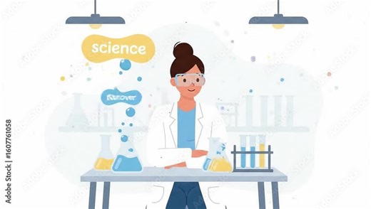 Animated female scientist mixing chemicals at lab table with floating kinetic text for science and e-learning explainer