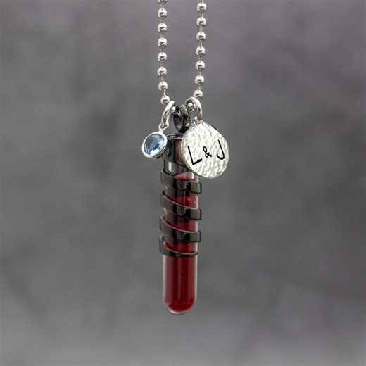 Blood Vial Necklace Personalized With Initials & Crystal of Your Anniversary Month, Fill With Ocean Water Lake Water Sand Honeymoon Keepsake - Etsy