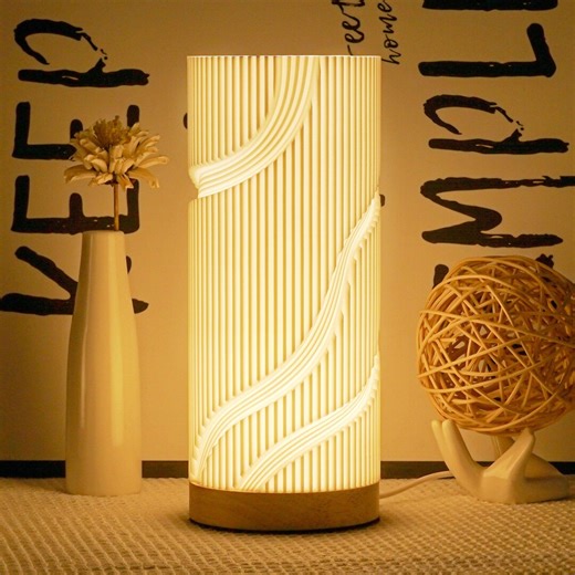 3D Printed Table Lamp: Vertical Stripes, Wooden Base, 16-color LED Christmas Gift - Etsy