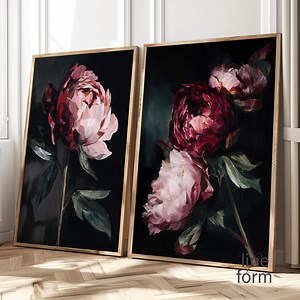 Dark Moody Peony Art Print Set: Abstract Floral Wall Decor - Etsy