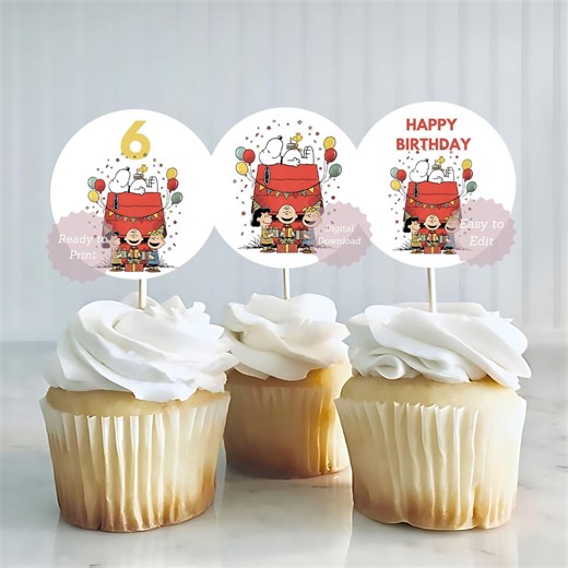 Snoopy Cupcake Toppers: Peanuts Birthday Party Printable Digital Template - Etsy