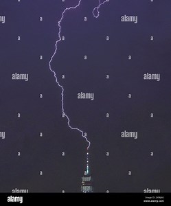 New York, United States. 29th May, 2024. A lightning bolt lights up the Manhattan skyline and strikes the spire of One World Trade Center during a thunder storm in New York City on Wednesday, May 29, 2024. Photo by John Angelillo/UPI Credit: UPI/Alamy Live News Stock Photo - Alamy