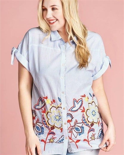 Plus Size Striped Buttoned Down Embroidered Collared Blouse