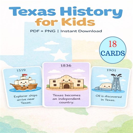 Texas History for Kids Printable Cards | State Timeline | PDF PNG Instant Download - Etsy