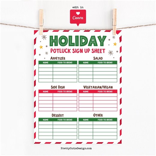 Holiday Potluck Sign up Sheet, Canva Template, Christmas Party Food List by Category - Etsy