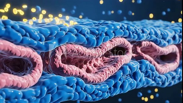 Detailed ion flow across a cell membrane through animated protein channels in a scientific micro environment