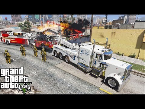 Wrecker Towing Biggest Tiller Ladder Fire Truck in GTA 5