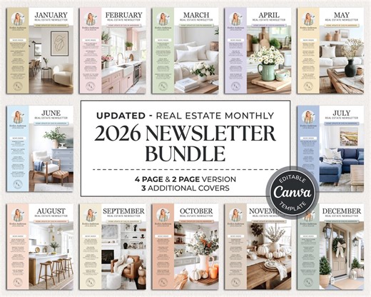 2026 Real Estate Newsletter Template Bundle | Full Year Newsletter Marketing Bundle | Real Estate Mailer Bundle | Editable Canva Templates - Etsy