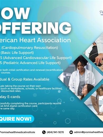 Now Offering AHA Certifications at Promise Health Medical Institute! CPR | BLS | ACLS | PALS ✔ Initial & Renewal Courses ✔ Same-day AHA eCard ✔ Individual & Group Training 📲 Book your spot today - https://www.promisehealthmedical.org/ #AHACertification #HealthcareTraining #CPRTraining