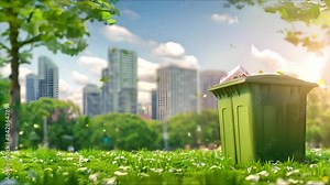 Recycling bin on green city background. Ecology and Environment conservation resource sustainable. Recycle concept. Ai Footage.