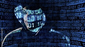 Camera spinning around a Hacker with binary codes projections