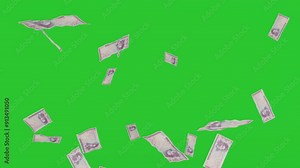 Money rain 100 rial iran banknotes money falling down. IRAN currency. 3D render. Animation. paper money bills falling. Business and finance